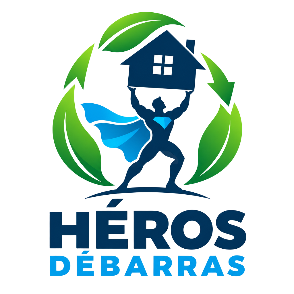 Logo Héros Débarras : un héros soulevant une maison, entouré de feuilles de recyclage